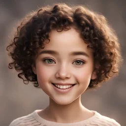 A girl with wheat skin, an oval face with a square chin, slightly full lips, thin black almond eyes, short curly hair, and a very cute smile.