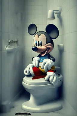 Mickey mouse sitting on a toilet