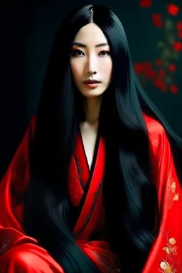 portrait of a beautiful Oriental woman with super long black hair, warm-hearted, goddess, red