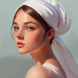 A beautiful and happy girl with a white headscarf painting in profile with a boomerang and painting tools