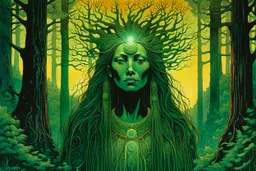 create an abstract expressionist lithograph of a ghostly and luminous female tribal druid priestess, with highly detailed, delicate feminine facial features, inhabiting an ethereal Northern forest of ancient hemlocks, in the comic book style of Jean Giraud Moebius, David Hoskins, and Enki Bilal, precisely drawn, sharply defined, boldly inked, with vibrant summer forest colors