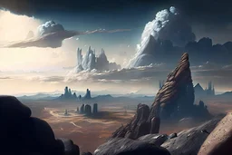 Distant City, rocks foreground, clouds