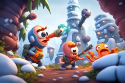 worms character firing bazooka in worms game crawling through 2d platformer with frozen artic jungle with weird alien towers gets torn apart under him, in the style of Pixar, expertly crafted in a whimsical and vibrant cartoon style. is masterfully rendered in a lifelike 3D design, which captivates viewers with there irresistible charm.