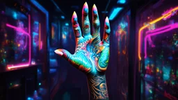 Surrealistic digital art, floating disembodied hand with intricate tattoos and colorful nail polish, glowing neon lights in the background, by Alex Grey and Salvador Dali, (long shot), dreamlike atmosphere