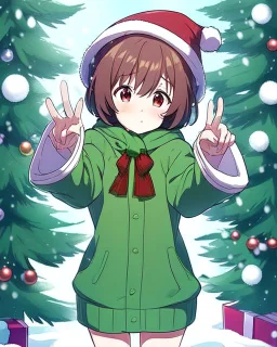 Girl with short brown hair, red eyes, green sweatshirt with a horizontal yellow stripe, he is wearing a Christmas hat, and in the background there are trees in the cold winter with lots of snow, Anime Hq style