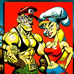 Popeye y su novia flaca Oliva, arte estilo pop, calidad ultra, hiperdetallado, 64k, full body