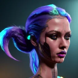 pretty green hair cyber woman, cold ambient, latex, cables, purpurin,, black, gold, piercings, brown, decorative color feathers, circuits, neon style, a lot of led lights, fog, rain, vibrant color, highly detailed, art stations, concept art, smooth, unreal engine 5, god rays, ray tracing, RTX, lumen lighting, ultra detail, volumetric lighting, 3d, finely drawn, high definition, high resolution.