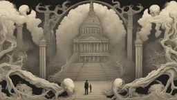 The eerie image exudes an aura of mystery and horror. It features a cryptic symbol centered around the concept of "The Hidden World Government." Dark, shadowy colors permeate the image, creating a stark contrast between light and darkness, evoking spine-chilling suspense. Carefully drawn details reveal hidden hands that draw attention, hinting at secrecy and the unseen forces that control the world. The ominous, darkened sky and an atmosphere tainted with mystery intensify the sense of horror a