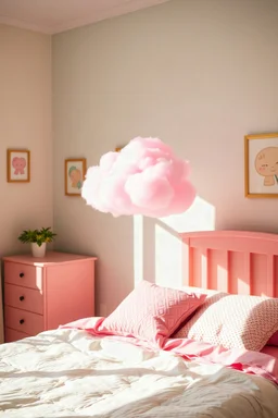 A pink plastic cloud floating in the bedroom, sunny