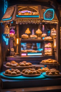 Middle Eastern Pastries in wood booth with neon led light