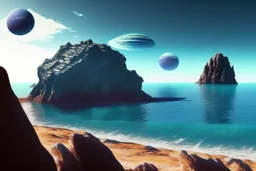 exoplanet in the horizon, big stones, lagoon, cliff, science fiction, epic scene.