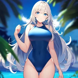 Clear focus, High resolution, Medium length fluffy hair, blue eyes, wearing a swimsuit