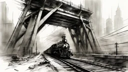 train on the railway bridge over the river, post-apocalypse,, thick black pencil, by Raymond Swanland