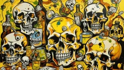 Abstract, expressionist painting featuring a still life with skulls. The layout is chaotic and vibrant, with three prominent skulls in the center, each with distinct facial features and hollow eye sockets. The skulls are painted in shades of yellow and brown, with dark, bold outlines. Surrounding the skulls are various objects, including a playing card with an ace of spades, a bottle, and a banana, all rendered in a similarly bold and exaggerated style. The background is a mix of orange, red, an