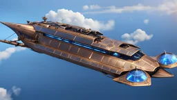 fantasy skyship, flying Carrack, smooth hull, side view, blue crystal nacelles attached to gunwale, high resolution cgi, 4k, unreal engine 6, high detail, cinematic, concept art, thematic background, center framed