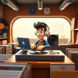 3-d render cartoonish classic inside a dj vinyl record shop record store