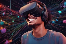 الصورة تعرض شابًا يرتدي نظارات الواقع الافتراضي وهو يستمتع بتجربة واقع افتراضي مذهلة. يظهر وجهه المبتسم وتعابير الدهشة في عينيه واضحة، حيث يبدو وكأنه مغمور في عالم ثلاثي الأبعاد مليء بالألوان والتفاصيل. تتدفق الأسلاك من النظارات على جانبي وجهه، مما يُظهر التفاصيل التكنولوجية المذهلة للجهاز. خلفه، يمكن رؤية أشكال هندسية ثلاثية الأبعاد وصور مجردة تطفو في الهواء، مما يعكس تجربة فريدة وغامرة للواقع الافتراضي. يتواجد شعار "مستقبل الواقع الافتراضي" بالزاوية السفلى اليمنى للصورة، يضفي لمسة إضافية من ال