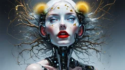 old worn paper, Ethereal bald white woman with thorns, thistles and plant roots on her head, human brains biomechanics cyberpunk style digital painting depicting a glowing woman with robotic features, combining human and artificial elements in a gripping sci-fi scene with intricate details and a cinematic atmosphere. Red lips, gold fragments, silver particles, wind, swirls, glare, glow from within, 8K, fine rendering, high detail, hyperrealism, high resolution, multi-layered, hyperdetail, hyperf