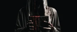 a faceless woman covered in blood holding up a black rectangular box