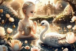 beautiful swan and cute chibi princess in a flowergarden with beautiful flowers, pond, in sunshine, H.R. Giger, anime, steampunk, surreal, watercolor and black in outlines, golden glitter, ethereal, cinematic postprocessing, bokeh, dof