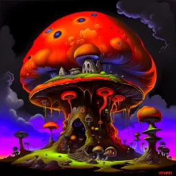 A fantabulous black, lime, and tangerine (((mushroom tower house))) erected atop a (geologic pillar), surrounded by the uncanny imaginative ((( swirling skies))), offset by the stark hues of a (neon-tinged nebulous space scape), within. captured by the hand a skilled master painter with a focus on (softly blurred compositions and voluminous lighting).