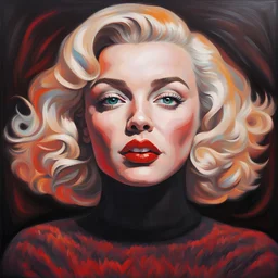 psychedelic oil painting of body marilyn monroe, a blonde woman with short, wavy hair, is the focal point of the image. she's dressed in a dark brown turtleneck sweater, paired with a black hat and a black suit jacket. her lips are a vibrant red, and her eyes are a deep brown. her hair, a light shade of blonde, is styled in loose waves, adding a touch of whimsy to her appearance. in the background, a man with a black hat and a white shirt is visible..,bokeh like f/0.8, tilt-shift lens 8k, high d