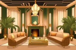 Inside an Art Deco living room with sofas, potted palms, with mirrors and brass sconces, incandescent, gleaming