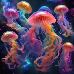rainbow jellyfishes in space, nebula in bakcground, Liquid Structure, Splash, professional, Photography, Intricate Patterns, Ultra Detailed, Luminous, Radiance, beautiful, Ultra Realism, Complex Details, Intricate Details, 16k, HDR, High Quality, Trending On Artstation, Sharp Focus, Studio Photo, Intricate Details, high contrast, bright vibrant colors