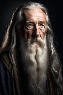 Elderly wizard, frail, long hair and beard, silver hair, wise