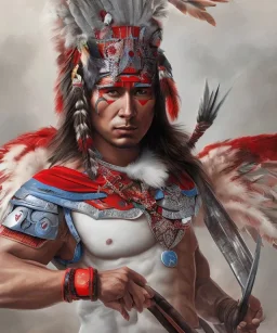 Guaicaipuro, native american god, 30 years old, Muscular warrior, red feathers headdress, shirtless, fearce look