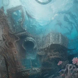 Underwater view,Insanely detailed photograph of an “artitcture plans of a sunken temple ” with intricate waves, intricate embroidered band of stars, hyperdetailed painting by Ismail Inceoglu Huang Guangjian and Dan Witz CGSociety ZBrush Central fantasy art album cover art,8K, hdr, romantic, mysterious, ominous, flowers, jewelry, steam,oil,cafe,street vendor,steamship,D&D