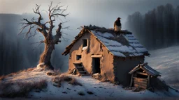 a lonely old adobe hut with worn adobe brown-gray wall and a small window, a crumbling roof, an old chimney stands on a hill, next to it is a small woodshed by the wall, and an old withered tree leans over the hut on thr old tree sitting a black crow, the hut stands on the edge of a European forest, winter, snowy landscape, low light, dawn, high detailed, sharp focus, high realistic, perfect photo