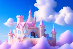 white soft clouds and light blue and brightness sky and in the corner over a little pink cloud there is a fairy little castle with crystal and precious stone