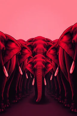 "A conceptual black-and- dark Red digital illustration of a massive elephant’s walking in the same direction, heads down, symbolizing conformity. The atmosphere feels lifeless and repetitive, emphasizing the ordinary mindset of the majority."