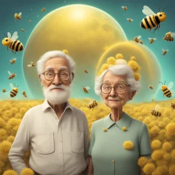 Grandpa and grandma in a planet of bee, realistic