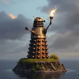 a Dalek standing on very small island raising it's appendage like the statue of liberty holding a torch