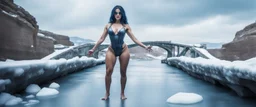 full body psionic in threatening pose in swimsuit on ice stone bridge