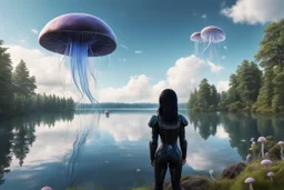 photorealistic photo of a woman with black hair, dressed in an android suit, looking out over a lake, at a mushroom with jellyfish tentacles with tall narrow cloud trees in the background