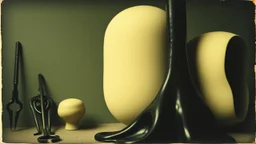 Photography polaroid close-up of several shapes, elongated lines and object, massive odd Yves Tanguy incomprehensible style, Surrealism. On the left, there are other lower shapes, similar to tools or mechanisms, randomly arranged, glossy, organic, creepy tumor mass growing, strong texture, fiotti di liquido nero, horror, panic, obsessive, hypnotic