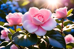 Magic garden with Japanese camellia flower, pink, white, or blue light effects colors, sun, realistic, very detailed, nice camellia japonica flowers, high contrast, 8k, high definition, concept art, sharp focus