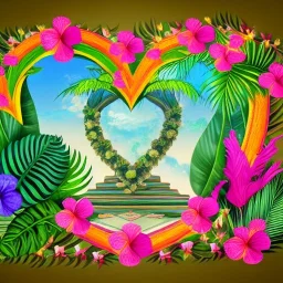  Tropical flowers, heart drawing, crystals, tropical leaves, sacred altar, Fantasy temple, Surreal landscape.