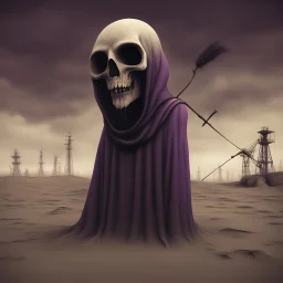 A reaper on the oilfields make for your shallow grave, wrap you in a flag and forget your name, by Anton Semenov, by Yves Tanguy, by Victor Pasmore, Westerngaze album cover illustration, scary sepia and purple complimentary shades, octane render, gritty, weird, volumetric lighting, abstract images