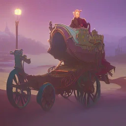 Boy stow away in magical carriage at night Nick Harris style