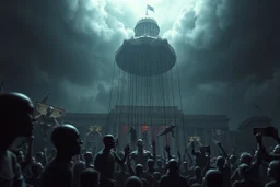 an oppressive government looms above, pulling the strings of puppets below, the news media broadcasts their suffering everywhere, dystopian, dread, horror