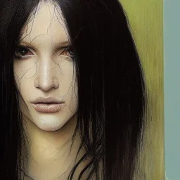 a painting of a woman with long black hair,an oil painting, painted by addition of overlapping layers of color, glazing technique, hyper realistic painted long tangled black hair ,very pale skin, intricate precise detail, inspired by John William Waterhouse, figurative art, in yoji shinkawa's art style, closeup faces, annoyed expression, looking directly at us, weak and weary, hyper realistic facial feature painting, red rimmed eyes dark circles, pouty parted lips, hyper realistic oil painting,