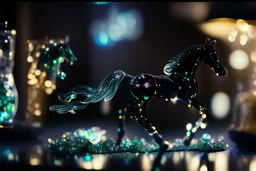 night, dark room, bioluminescent Coloured glass dynamically jumping horse set with gemstones, glittering metal stems and gemstone leaves on a room table sharp focus elegant extremely detailed intricate very attractive beautiful dynamic lighting fantastic view crisp quality exquisite detail gems and jewels S<AI Weight:1 Professional photography, bokeh, natural lighting, canon lens, shot on dslr 64 megapixels sharp focus Weight:0.9