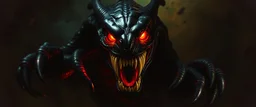 master oil painting by Rembrandt, good afternoon Nightmaw "A shadowy predator with a gaping, unnatural maw lined with multiple rows of crooked teeth, glossy black skin that absorbs light, long serpentine limbs, clawed fingers, glowing red eyes, stalking in darkness, exuding malice and hunger." pin hole cam picture, twisted perspective, goa trance music poster, awake within a psychedelic mushroom dream, with some motion blur background, and hyper depth perception