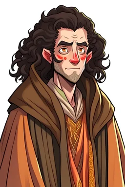 Light brown elf with pointy ears and black long curly hair with a beard and dark grey eyes wearing a zen monk robe