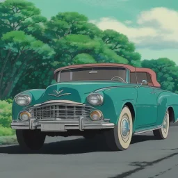 old cabriolet Cadillac front, de côté, metallic blue, in the green countryside with a beautiful blue sky