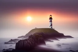 Lighthouse in England, foggy day with a climp of sunset